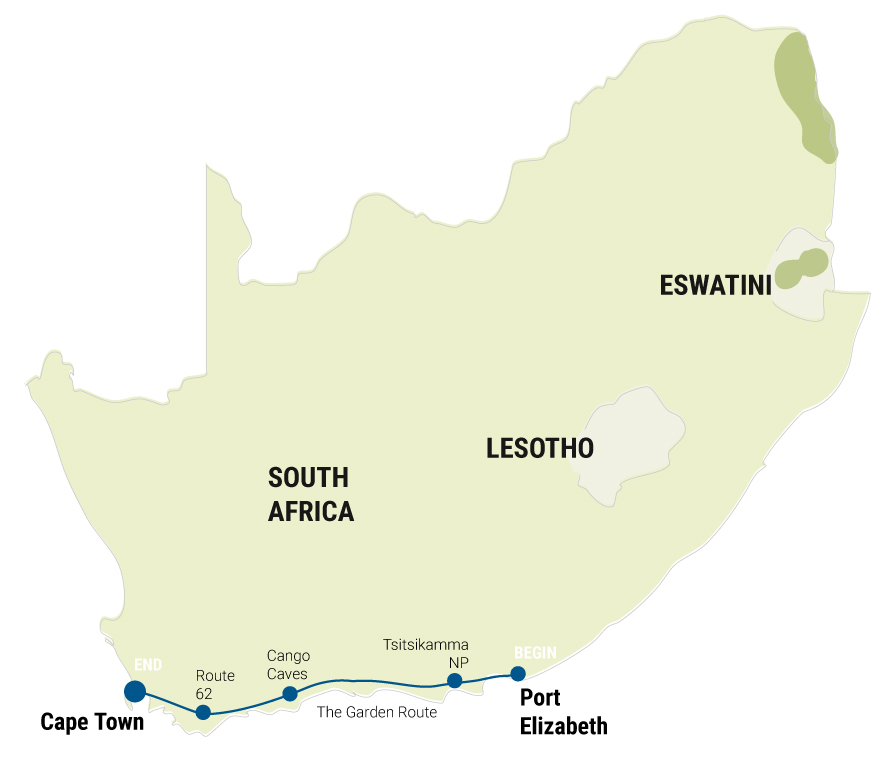 Reiseverlauf der Camping und Lodge Safari - Garden Route in Südafrika