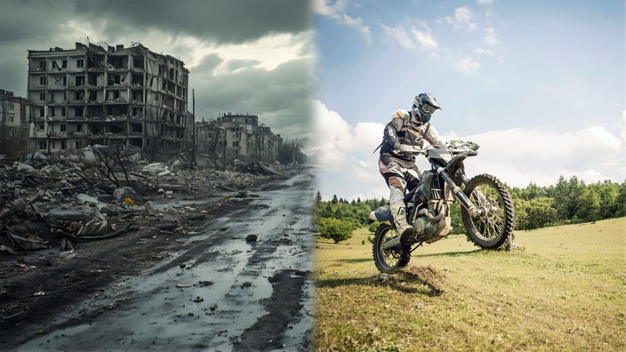 Imagem dividida com uma rua devastada de cidade e um motociclista a andar por um campo de erva