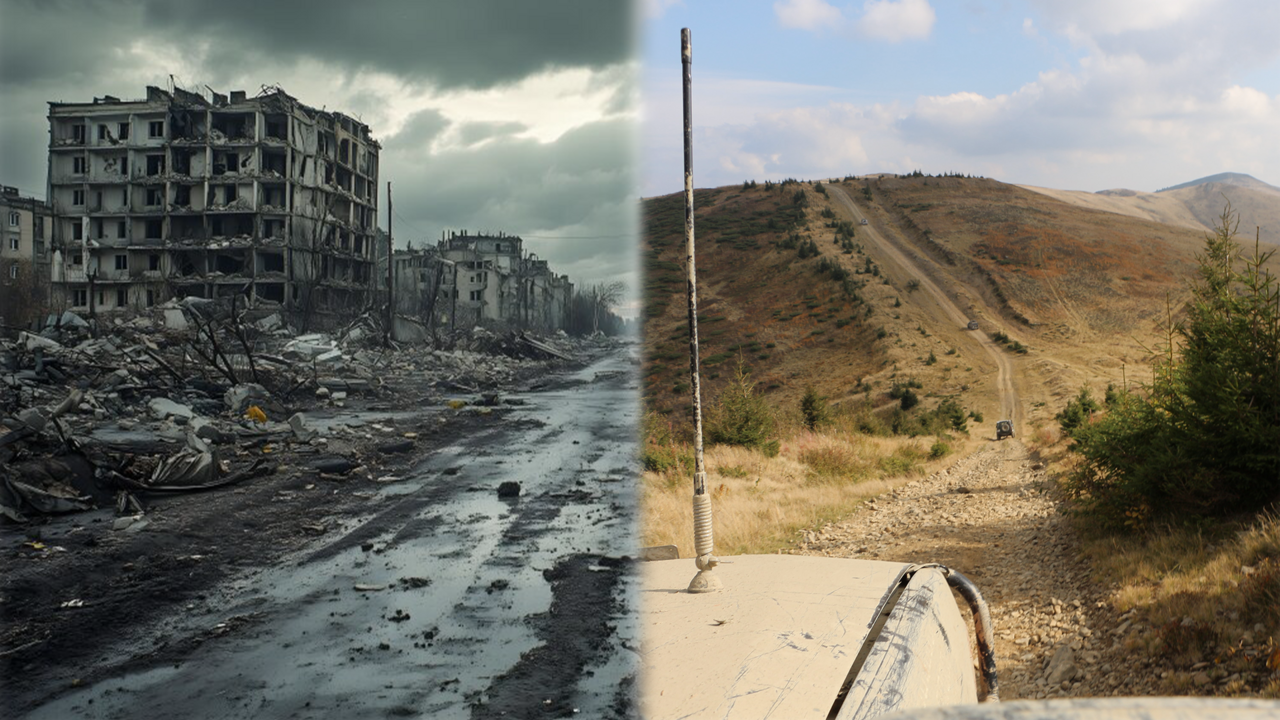 Ein geteiltes Bild zeigt eine kriegszerstörte Straße auf einer Seite und einen Bergpfad auf der anderen