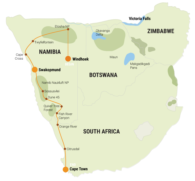 Reiseverlauf der Campingsafari Das Beste von Namibia