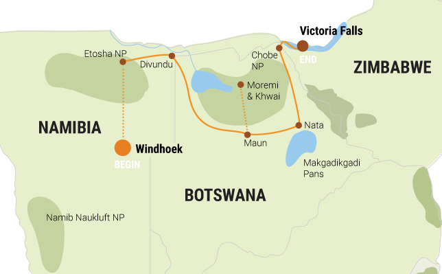 Reiseverlauf Karte Namibia, Viktoria Falls 