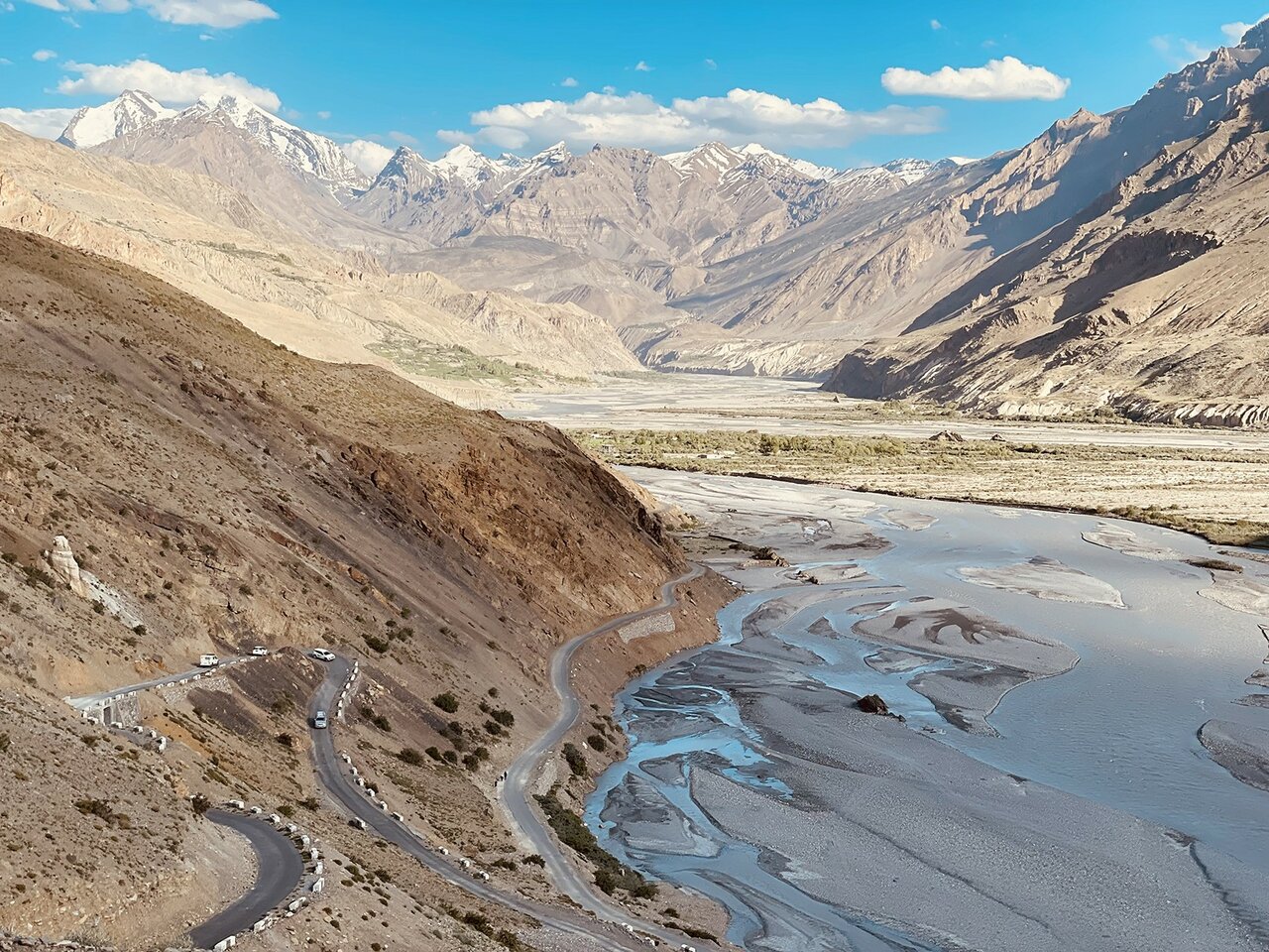 Ein weites Himalaya-Tal mit einem verzweigten Fluss und schneebedeckten Gipfeln