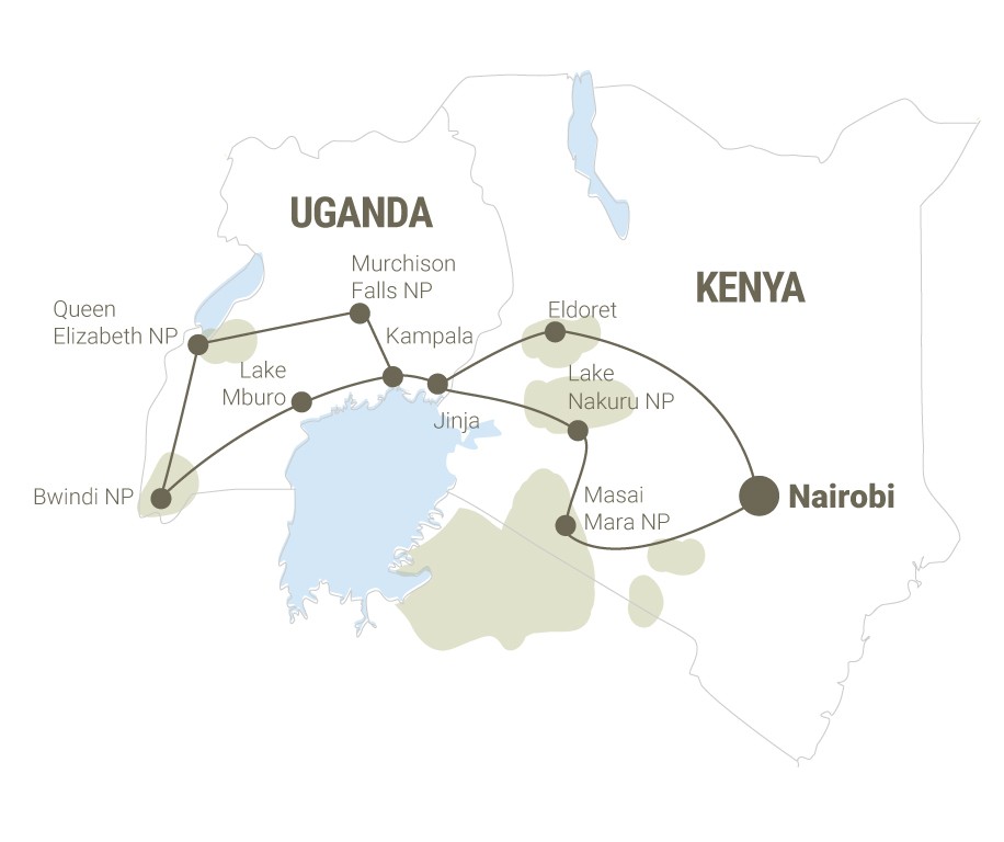 Reiseverlauf der Camping und Lodge Safari: Masai Mara & Gorillas