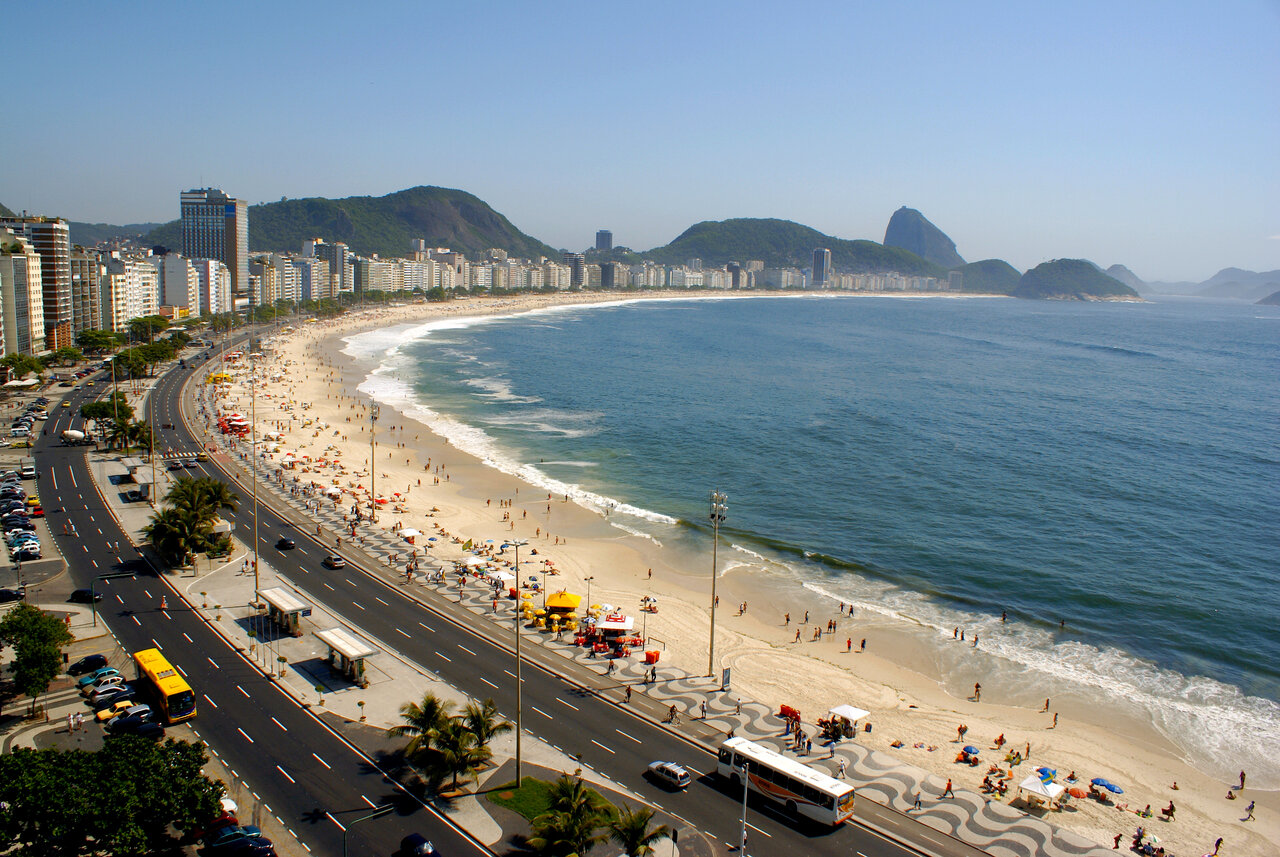 Luftaufnahme von Copacabana-Strand und Promenade mit dem Sugarloaf Mountain im Hintergrund