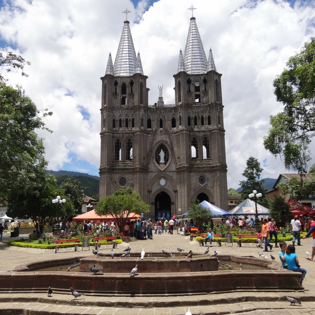 A twin spired brick cathedral overlooking a plaza with pigeons and visitors