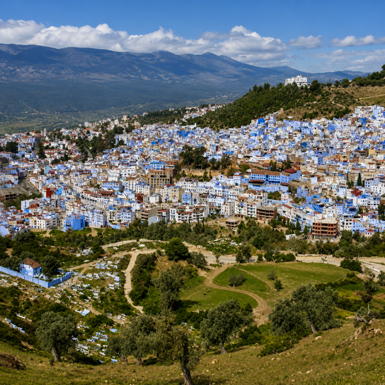 Luftaufnahme der blau-weißen Hügelstadt Chefchaouen mit Bergen im Hintergrund