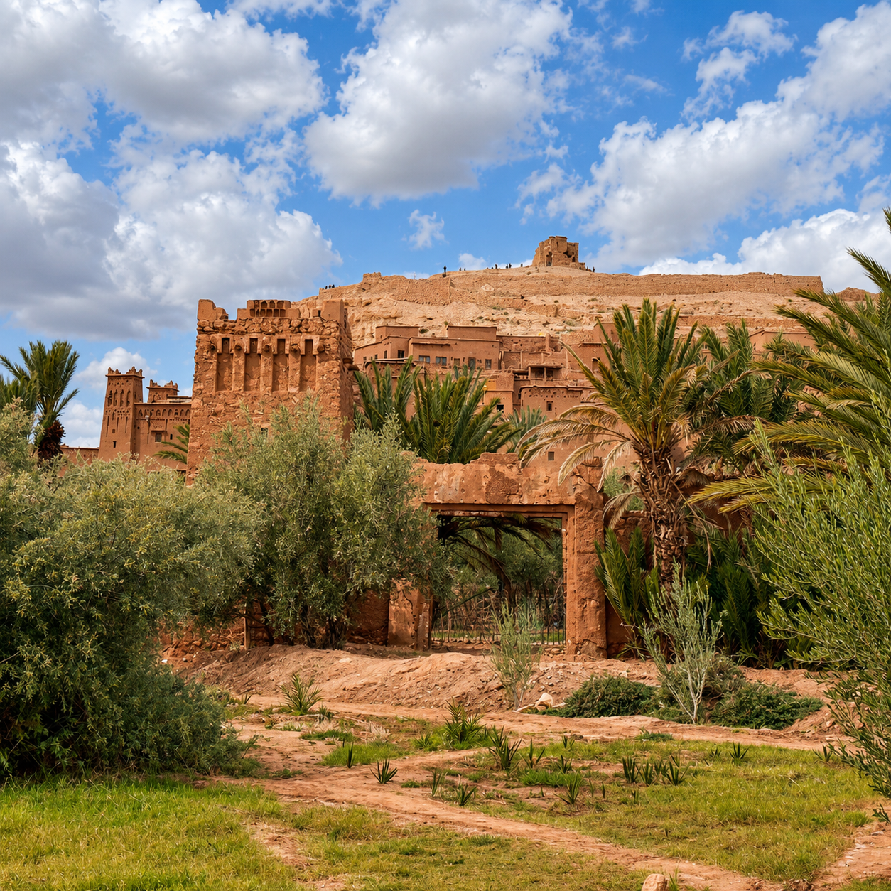 Kasbah-Türme von Ait Ben Haddou ragen über einem Palmenhain unter bewölktem Himmel auf