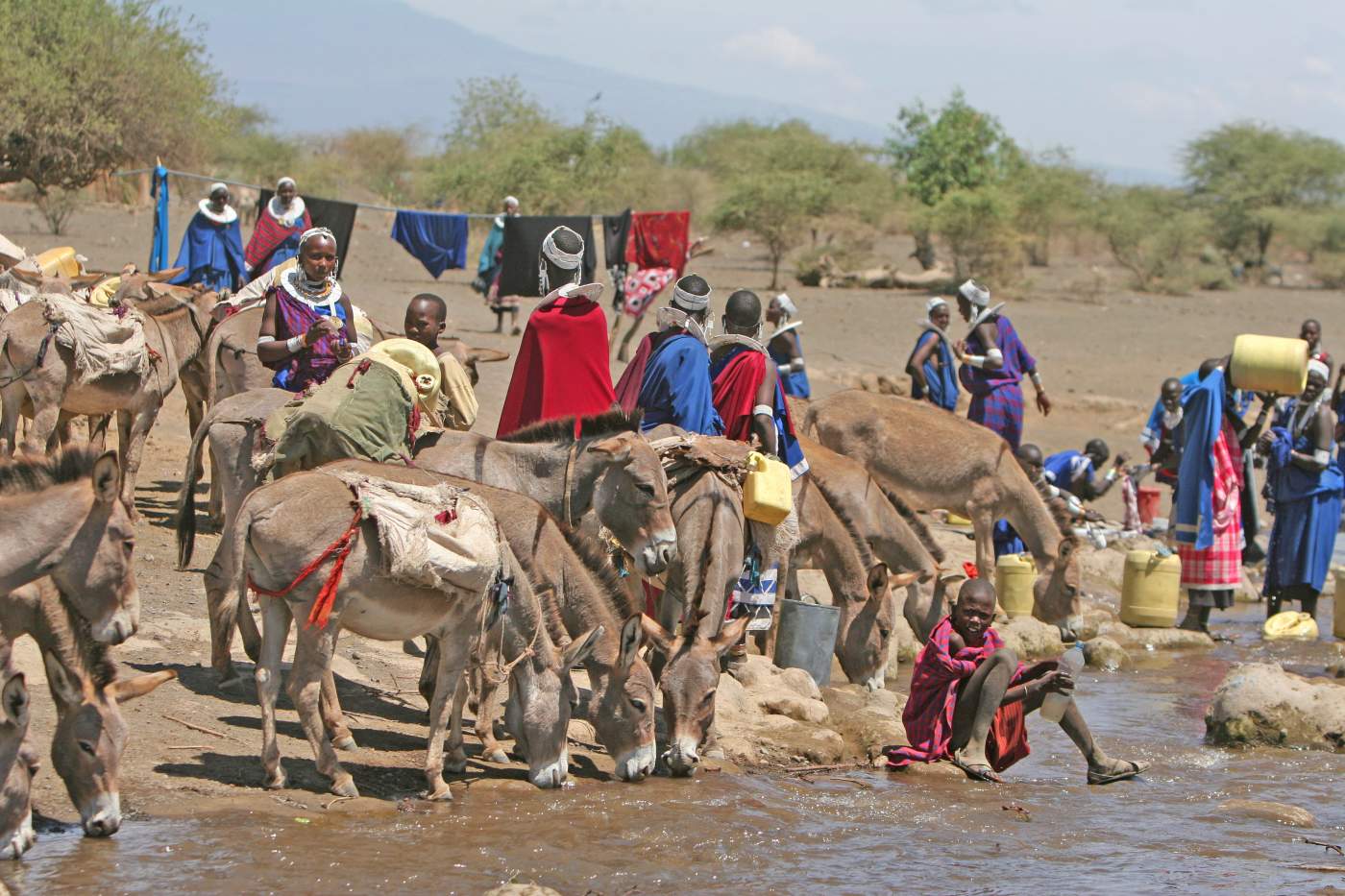 Massai Boma Esel Wasserloch Tansania Motorrad Abenteuer Reise