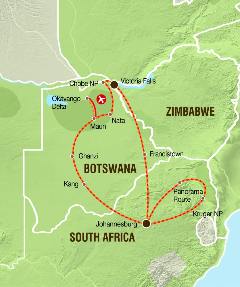 Reiseverlauf der Lodge und Camping Safari - Delta, Chobe und Krüger Reiseverlauf der Lodge und Camping Safari - Delta, Chobe und Krüger