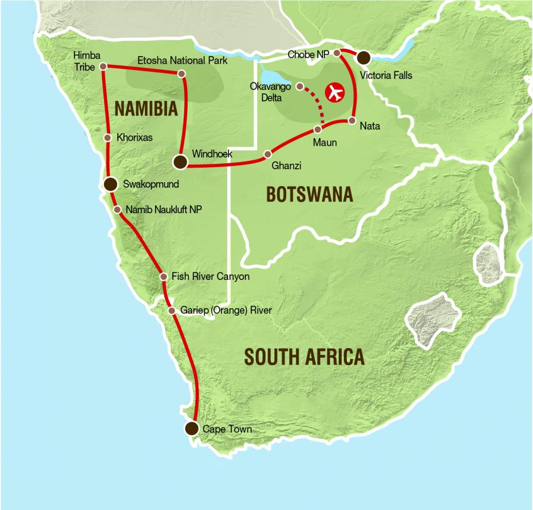 Reiseverlauf der Rundreise von Kapstadt zu den Viktoriafällen
