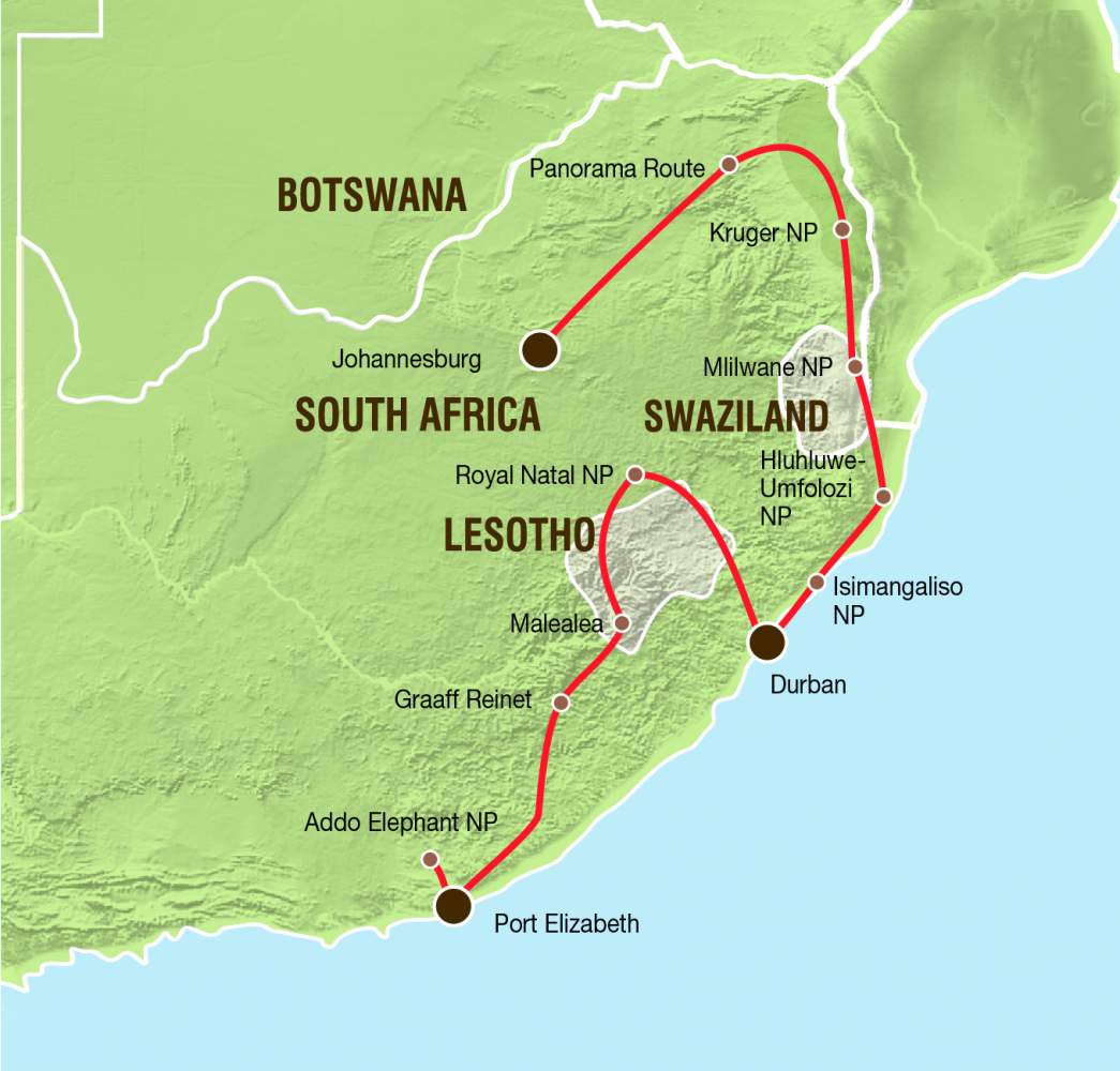Reiseverlauf der Camping und Lodge Safari Lesotho, Swasiland und Krüger 
