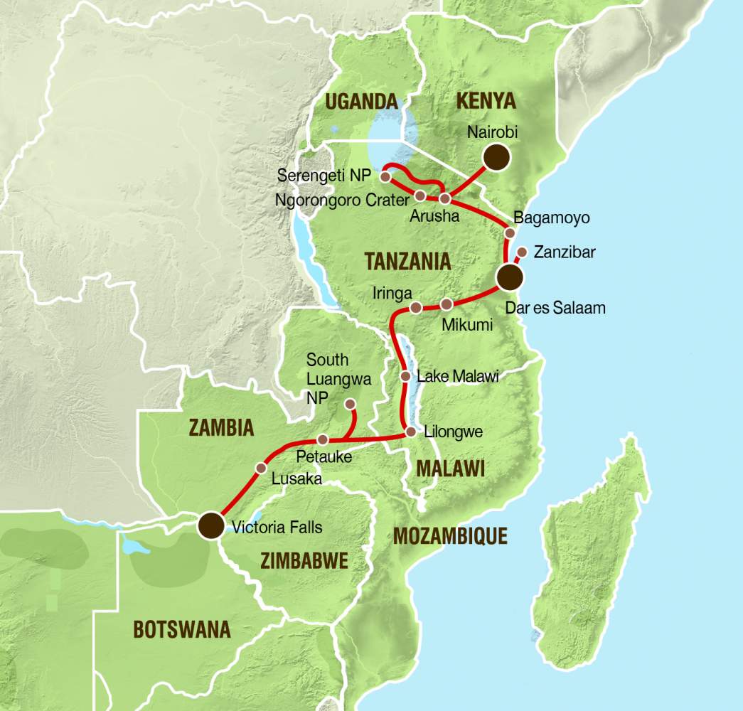 Reiseverlauf der Camping oder Lodge Safari - Ostafrika Abenteuer 