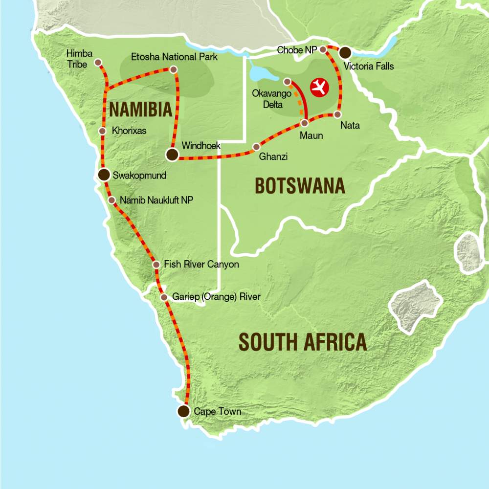 Reiseverlauf der Camping oder Lodge Safari von den Viktoriafällen nach Kapstadt Reiseverlauf der Camping oder Lodge Safari von den Viktoriafällen nach Kapstadt