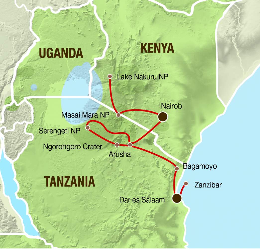 Reiseverlauf der Camping und Lodge Safari - Höhepunkte Kenia und Tansania