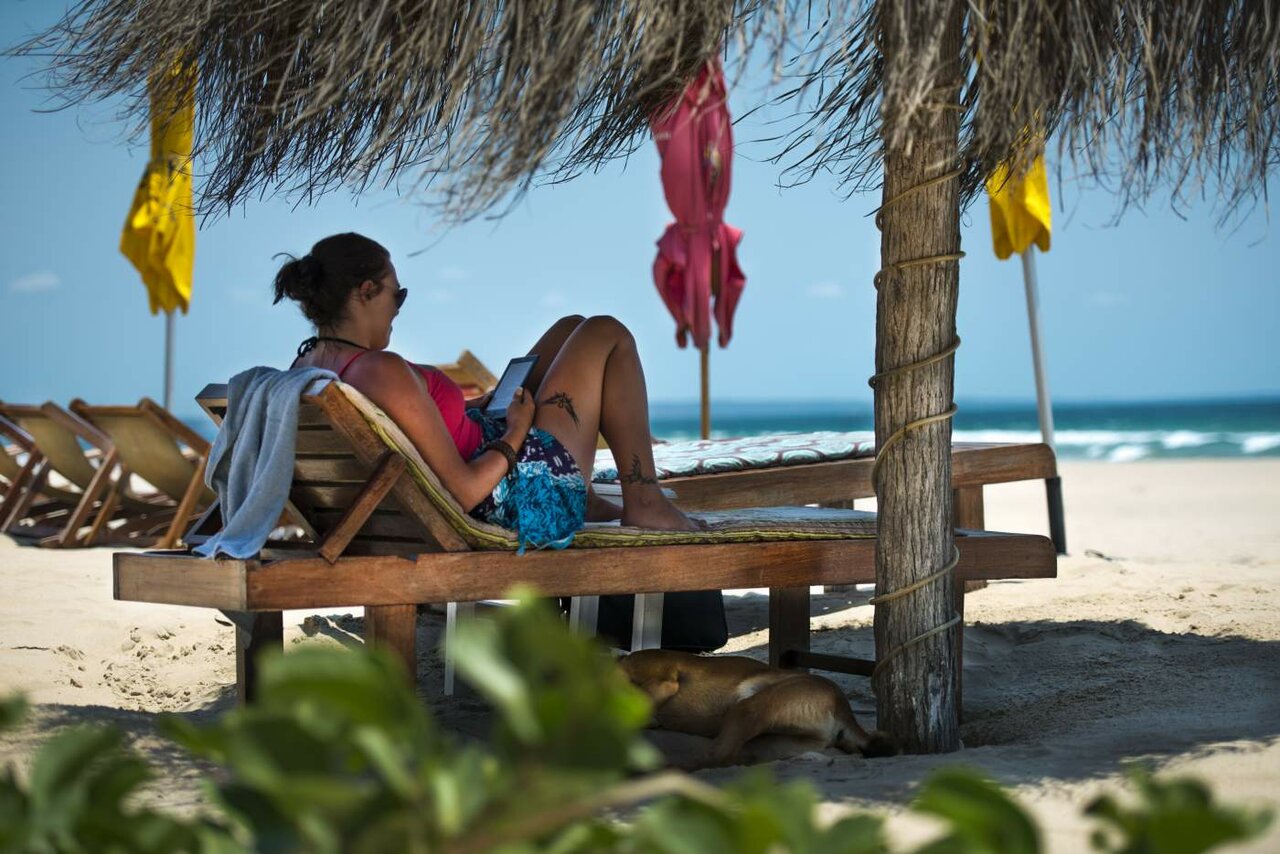 Uma mulher lendo em uma cadeira de madeira na praia sob uma cobertura de palha, com um cachorro descansando por perto