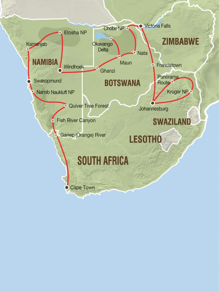 Reiseverlauf von Kapstadt zum Kruger Nationalpark