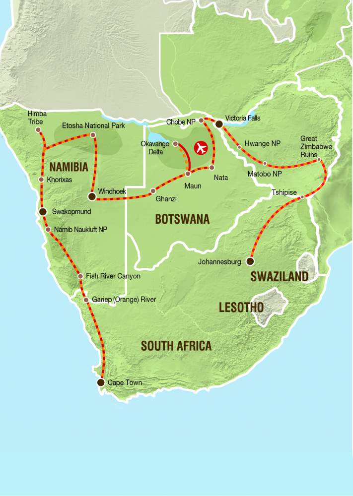 Reiseverlauf der Camping und Lodge Safari von Kapstadt nach Johannesburg