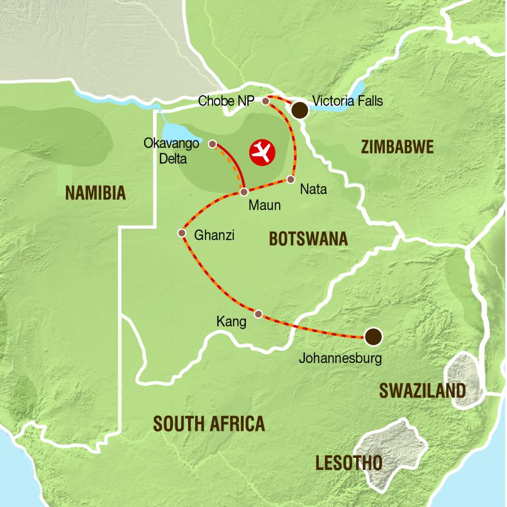 Reiseverlauf der Camping und Lodge Safari Okvango und Chobe Trail