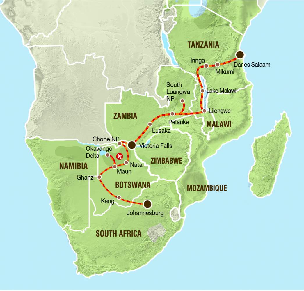 Reiseverlauf der Gruppenreise Afrika Camping und Lodge Safari: Delta nach Dar es Salaam