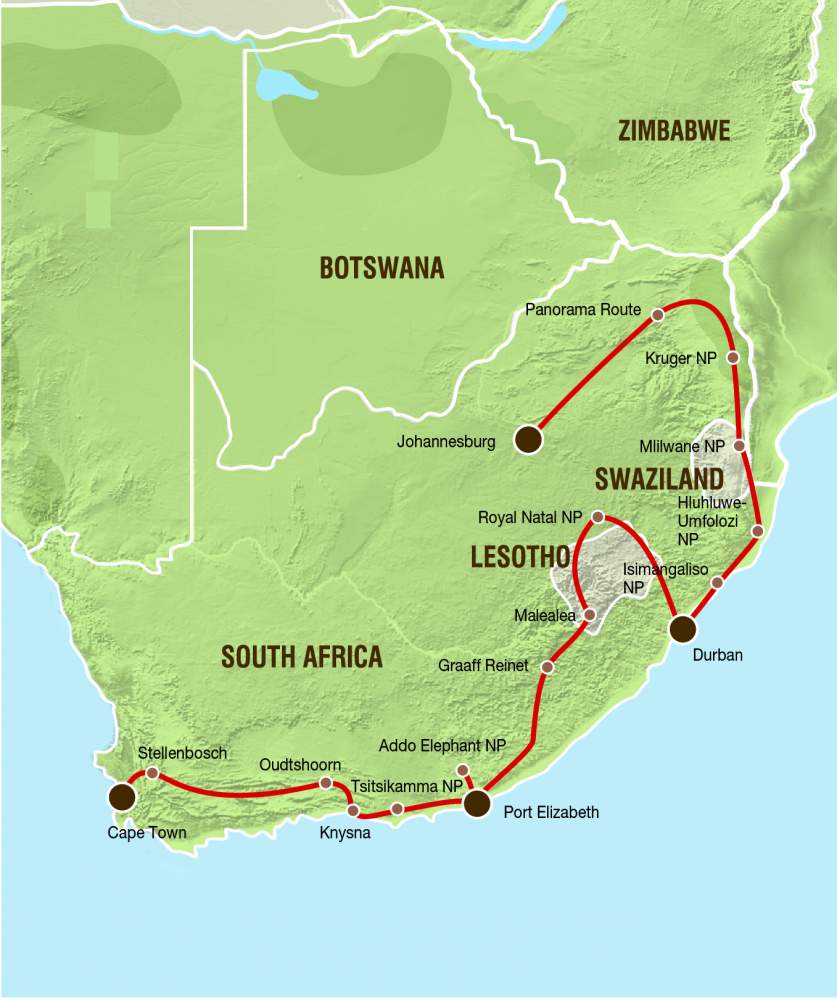 Reiseverlauf von Johannesburg bis nach Kapstadt