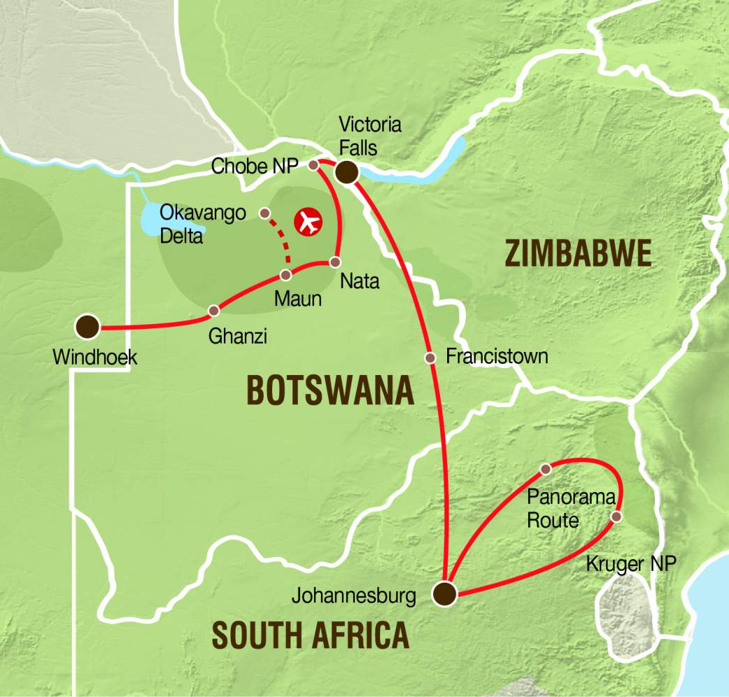 Reiseverlauf von Botswana bis nach Johanneburg
