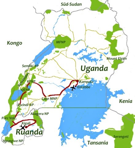 Reiseverlauf durch Ruanda und Uganda