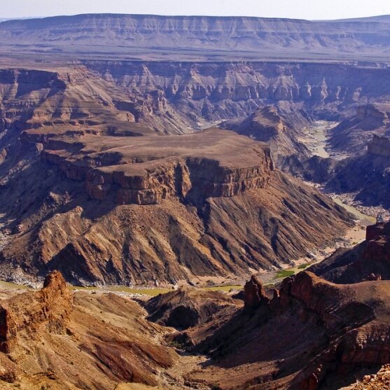 Luftaufnahme des Fish River Canyon mit geschichteten Felswänden und dem gewundenen Fluss darunter