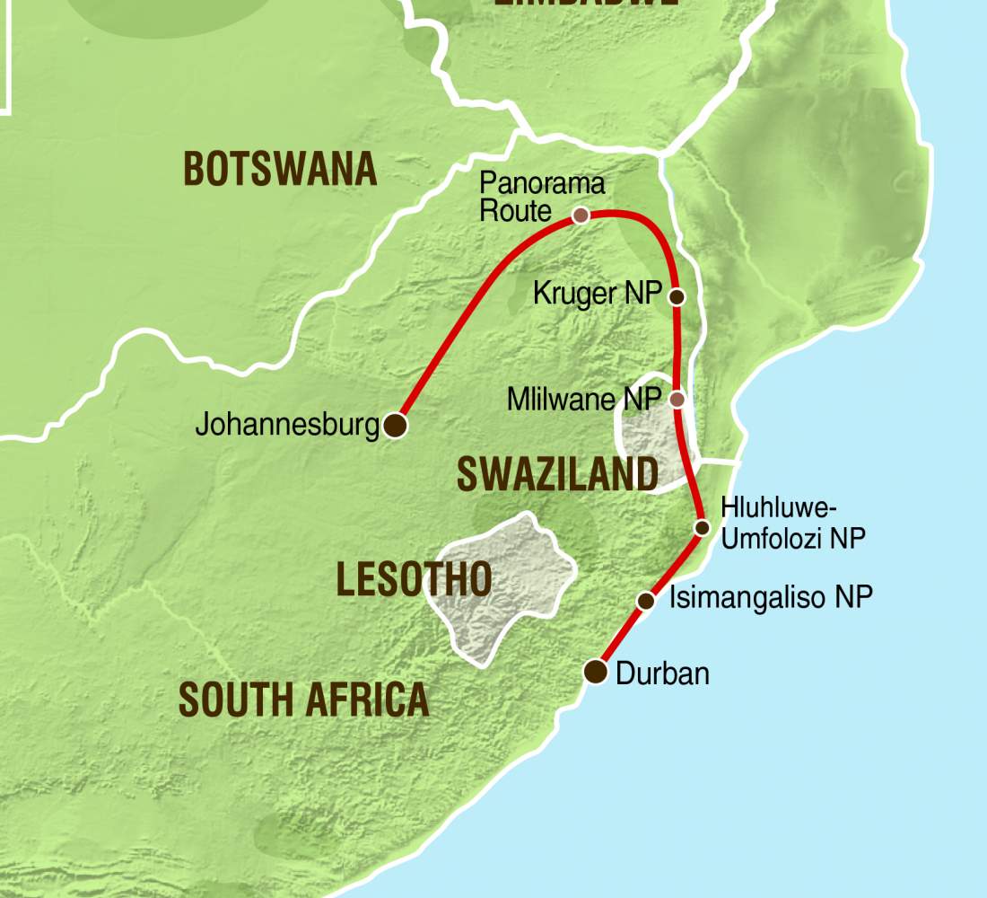 Reiseverlauf der Camping und Lodge Safari Swaziland & Krüger Nationalpark 