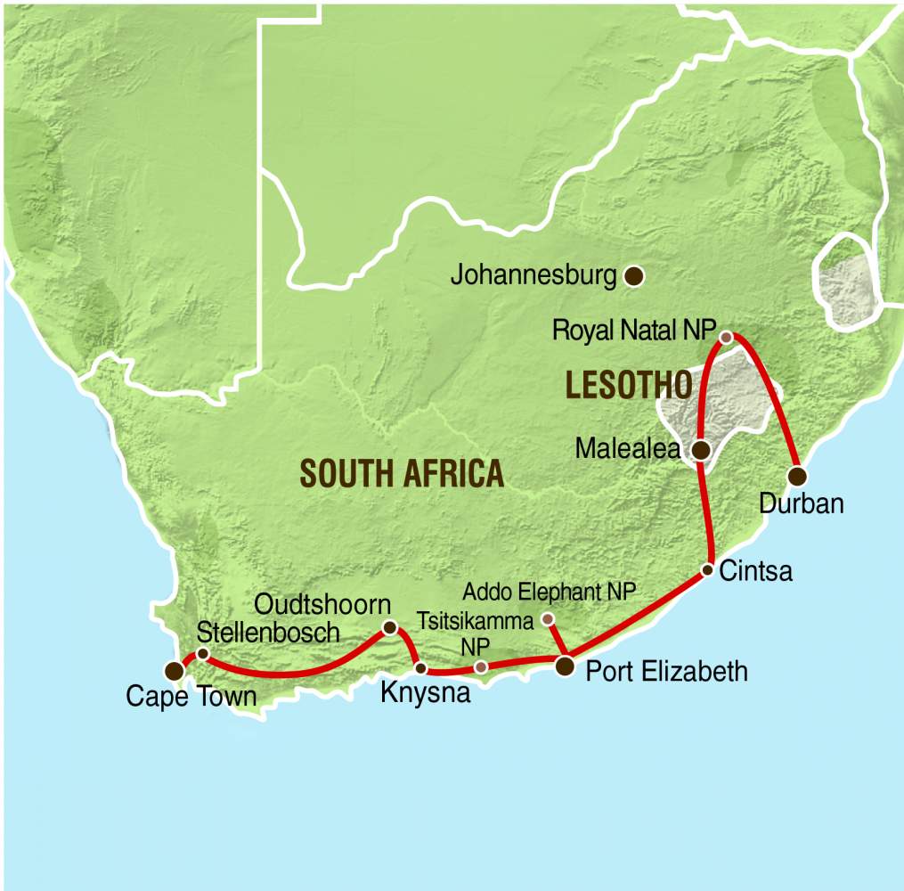 Tourverlauf unserer Lodgesafari Tour durch Südafrika Lesotho & Garden Route (Lodgesafari)