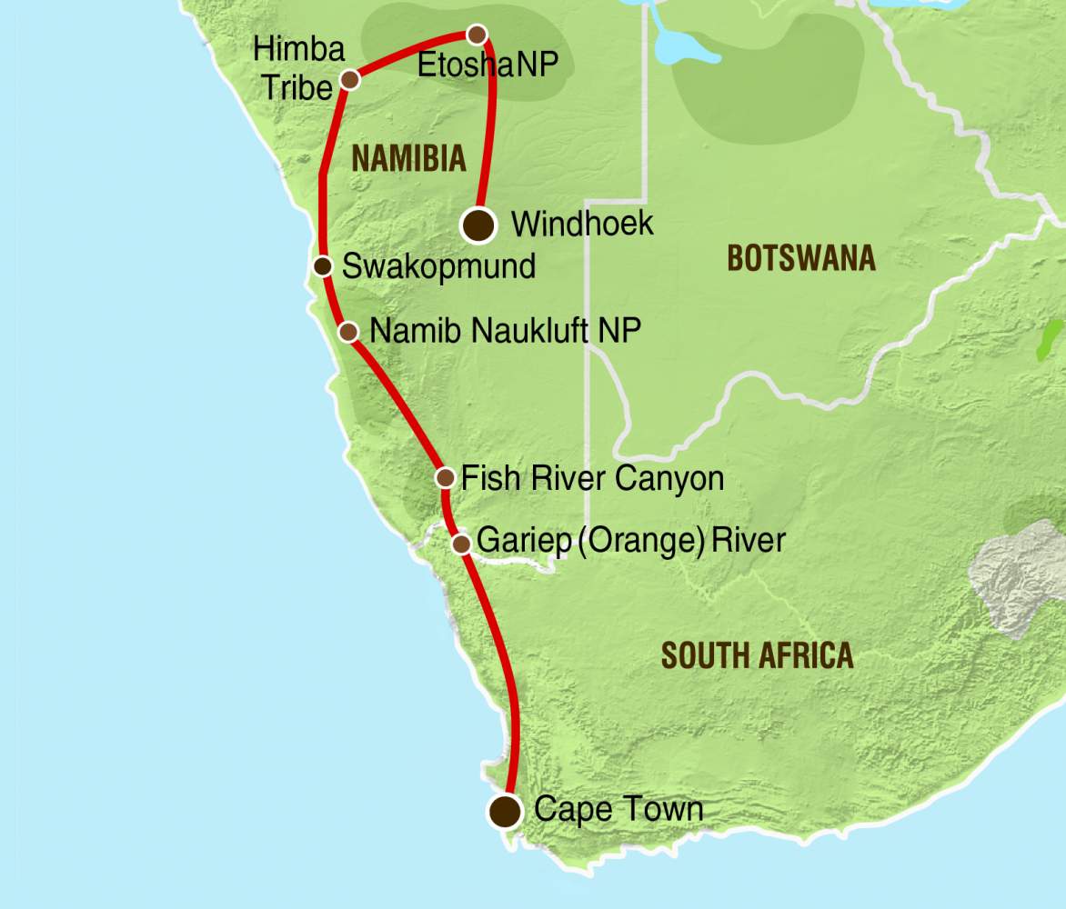 Reiseverlauf der Lodgesafari - Das Beste von Namibia