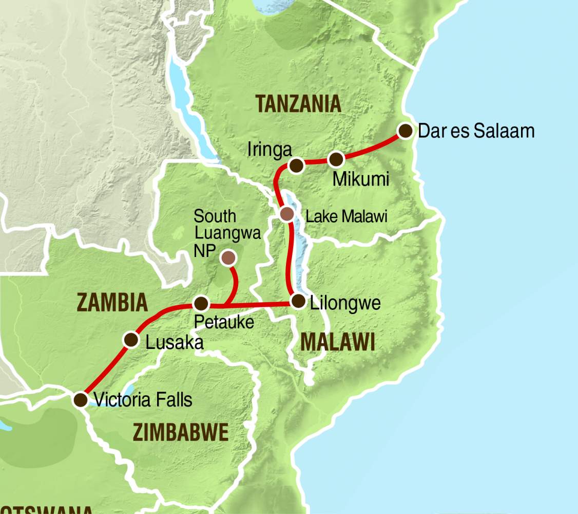 Reiseverlauf der Camping und Lodge Safari Malawi und Viktoria Fälle