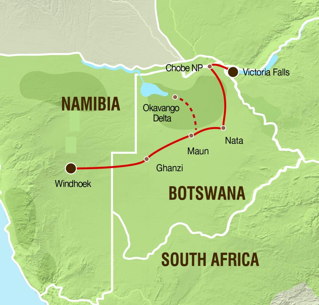 Reiseverlauf Karte Namibia, Viktoria Falls 