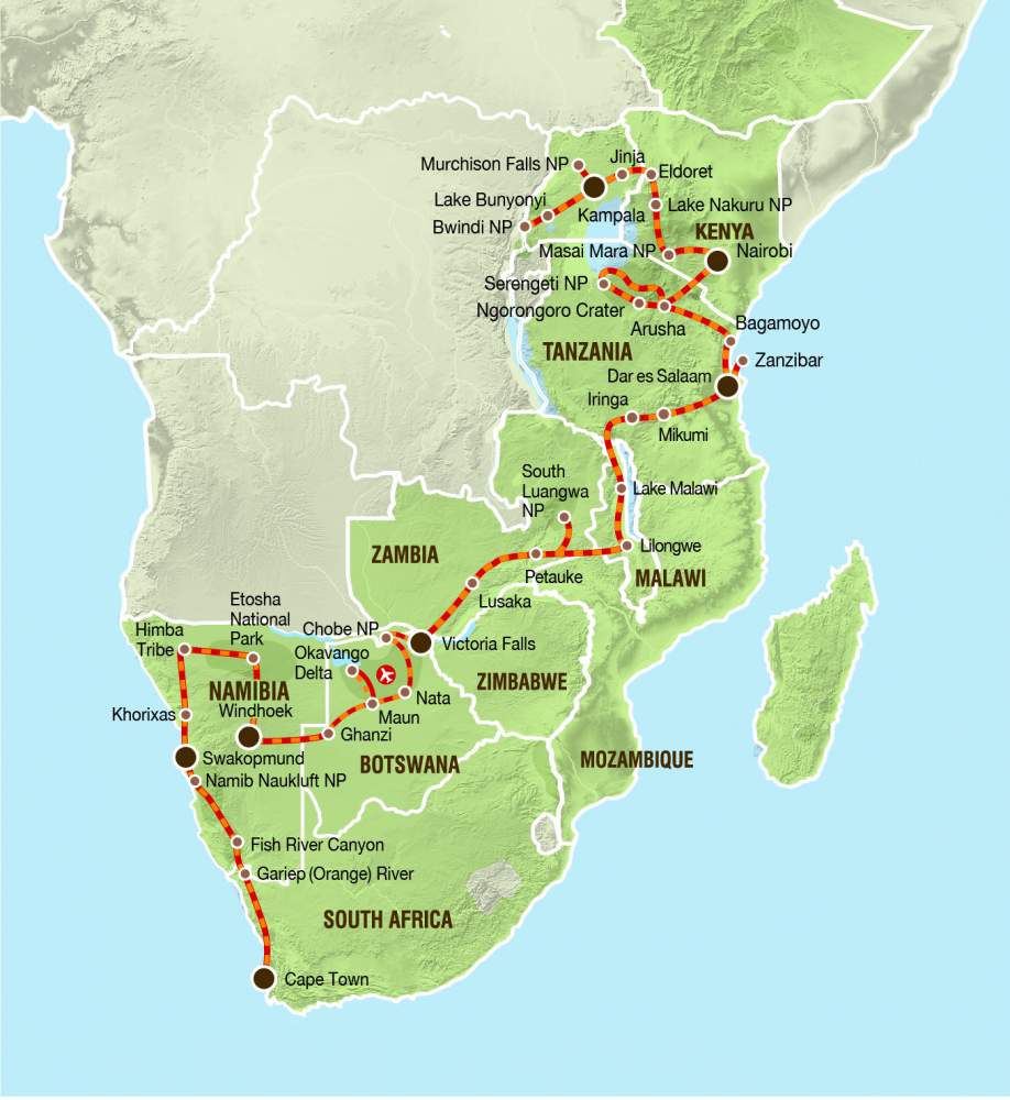 Tourverlauf der 55-tägigen Reise von Kapstadt nach Nairobi