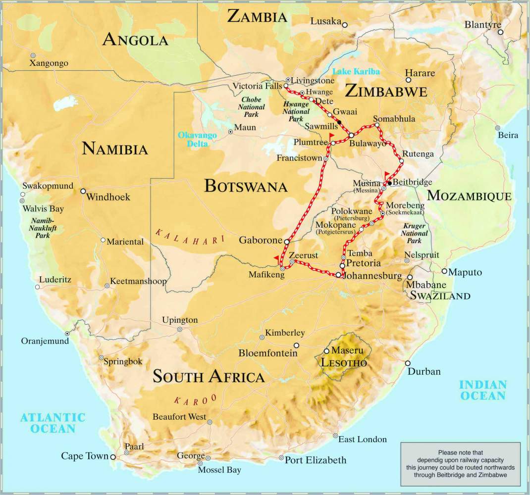 Karte der Pretoria - Vic Falls Route