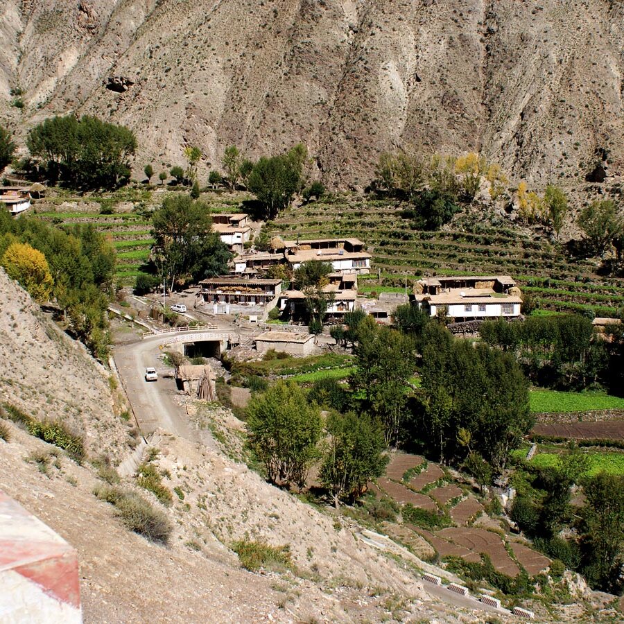 Ein terrassiertes Dorf in einem Tal, Häuser zwischen Bäumen und bestellten Feldern