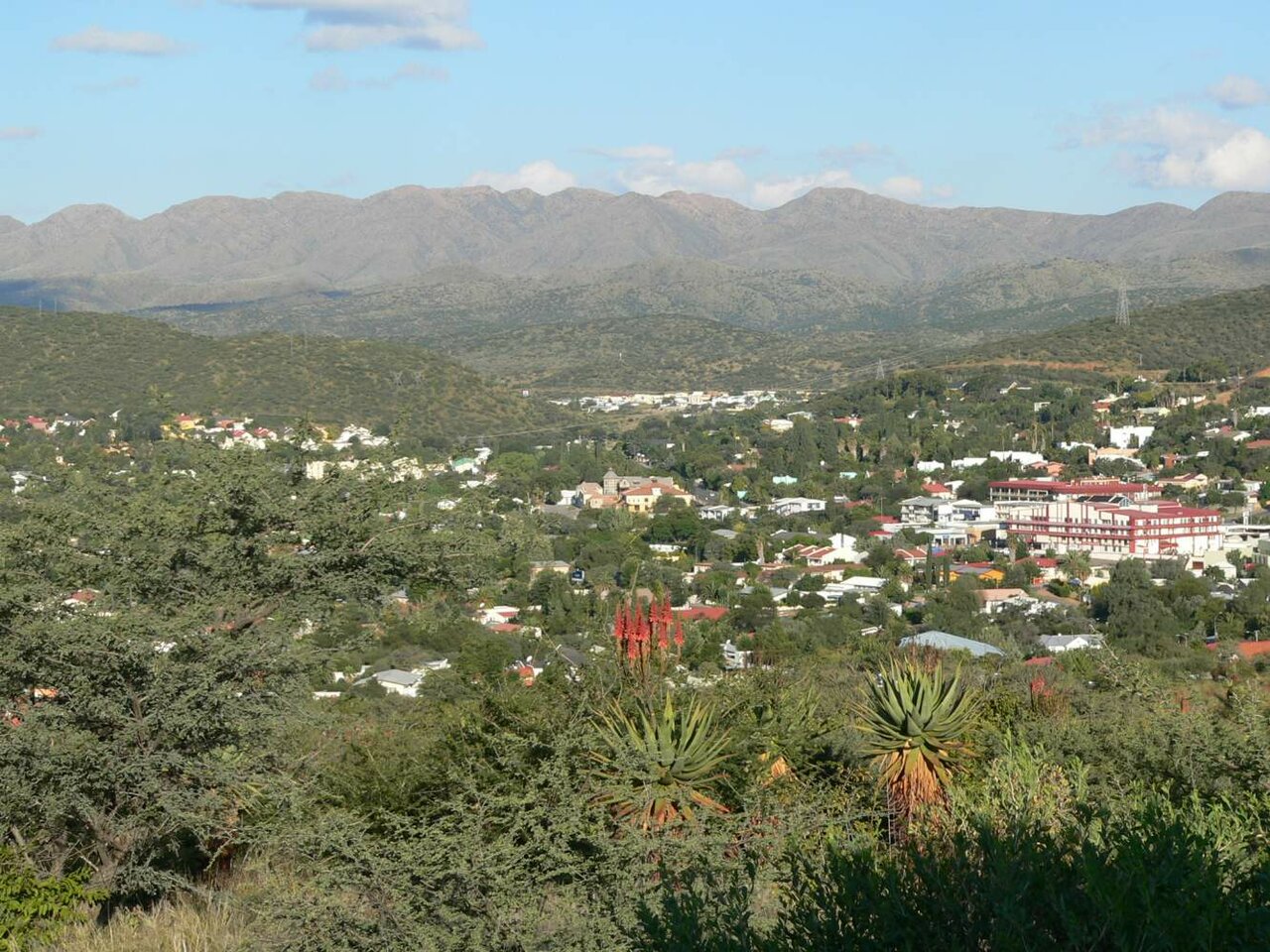 Blick über Windhoek in einem Tal, dahinter Berge, im Vordergrund blühende Aloen