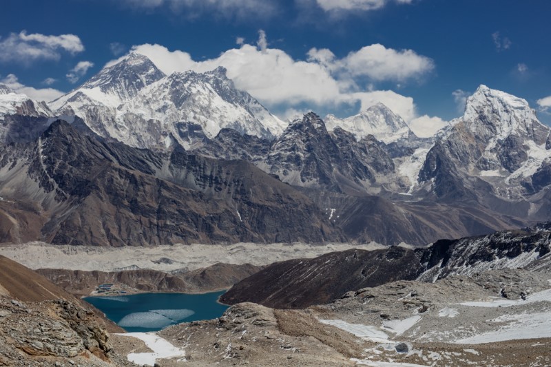 Um lago glacial turquesa rodeado por picos nevados do Himalaia