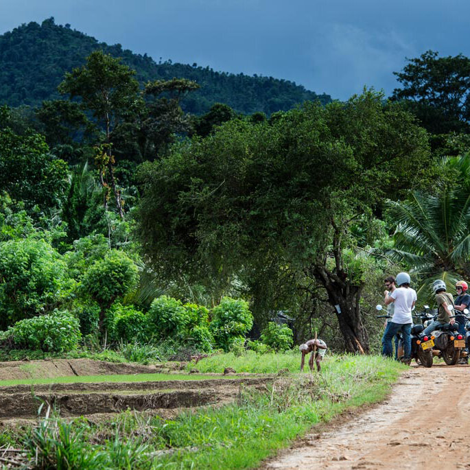 Eine Gruppe mit Motorrädern hält am Waldrand neben einem Feldweg