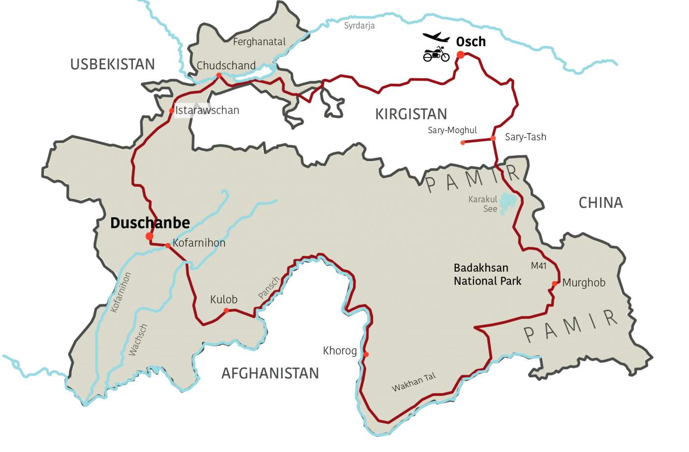 Tourverlauf der Pamir Highway Motorradtour durch Tadschikistan und Kirgistan