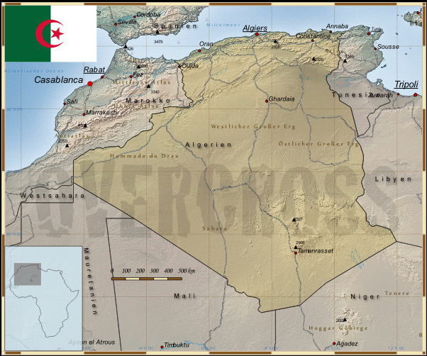 Reisekarte von Algerien des Reiseveranstalters OVERCROSS, für
Vergrösserung bitte klicken Reisekarte von Algerien des
Reiseveranstalters OVERCROSS