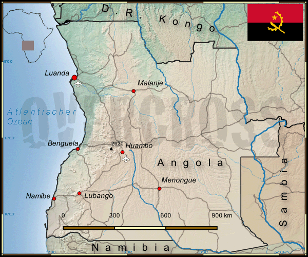 Landkarte von Angola des Reiseveranstalters Overcross, für eine Vergrösserung bitte klicken Landkarte von Angola des Reiseveranstalters Overcross
