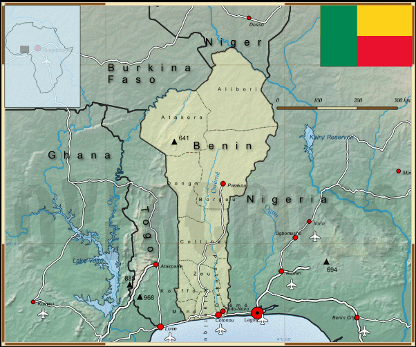 Reisekarte von Benin des Reiseveranstalters Overcross, für Vergrösserung bitte klicken Reisekarte von Benin des Reiseveranstalters Overcross