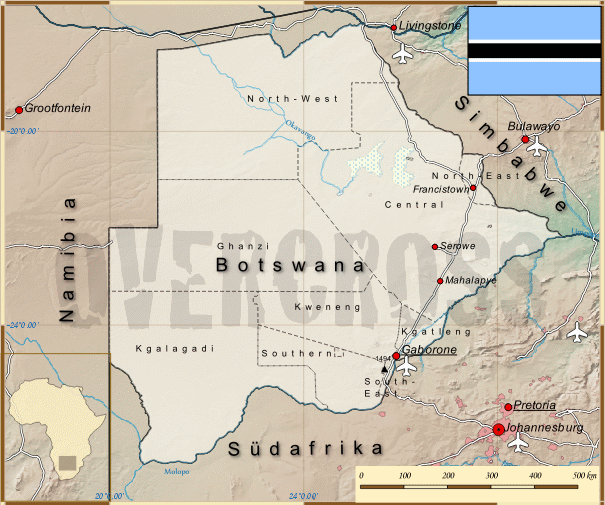 Reisekarte von Botswana des Reiseveranstalters Overcross, für Vergrösserung bitte klicken Reisekarte von Botswana des Reiseveranstalters Overcross