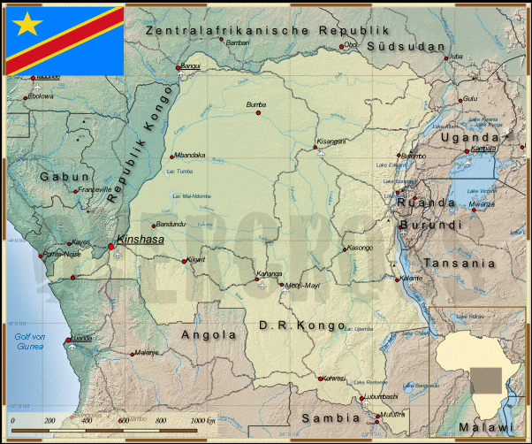 Reisekarte von der Demokratischen Republik Kongo des Reiseveranstalters Overcross, für Vergrösserung bitte klicken Reisekarte von der Demokratischen Republik Kongo des Reiseveranstalters Overcross