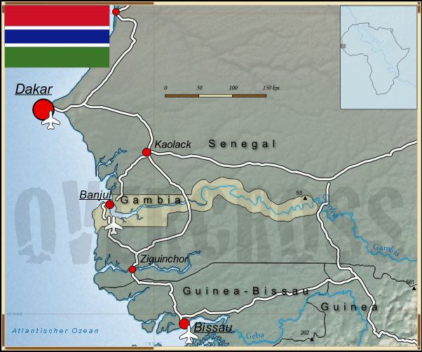 Reisekarte von Gambia des Reiseveranstalters OVERCROSS, für Vergrösserung bitte klicken Reisekarte von Gambia des Reiseveranstalters OVERCROSS