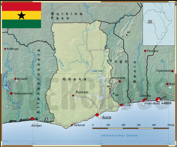 Reisekarte von Ghana des Reiseveranstalters OVERCROSS, für Vergrösserung bitte klicken Reisekarte von Ghana des Reiseveranstalters OVERCROSS