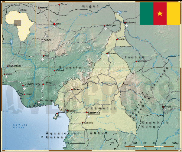 Reisekarte von Kamerun des Reiseveranstalters Overcross, für Vergrösserung bitte klicken Reisekarte von Kamerun des Reiseveranstalters Overcross