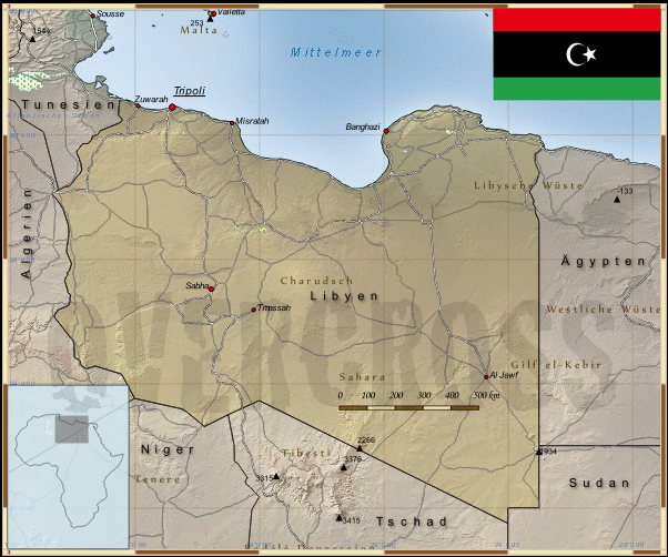 Reisekarte von Libyen des Reiseveranstalters OVERCROSS, für Vergrösserung bitte klicken Reisekarte von Libyen des Reiseveranstalters OVERCROSS