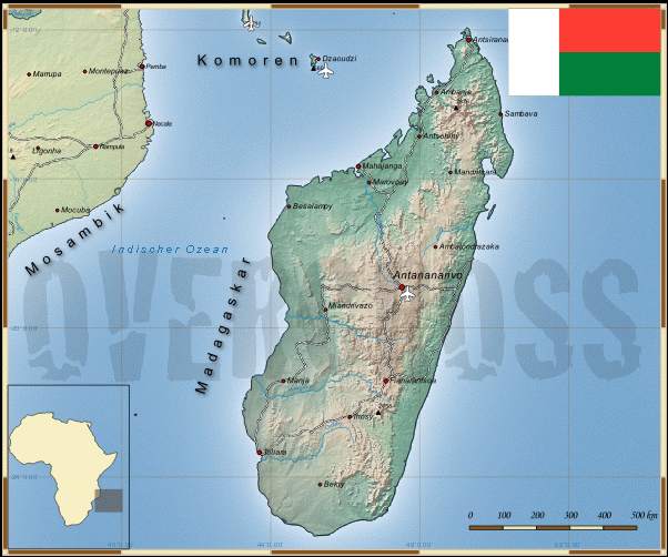 Reisekarte von Madagaskar des Reiseveranstalters Overcross, für Vergrösserung bitte klicken Reisekarte von Madagaskar des Reiseveranstalters Overcross