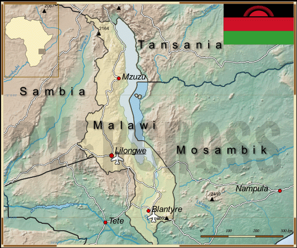 Reisekarte von Malawi des Reiseveranstalters Overcross